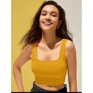 Nikibiki Mustard Yellow Ribbed Seamless Crop Tank Top Square Neck NS7635